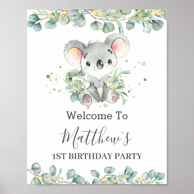 Cute Koala Greenery Baby Shower Birthday Welcome Poster (Front)