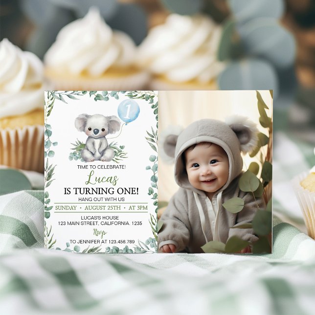 Cute Koala Greenery Birthday Photo Invitation (Creator Uploaded)