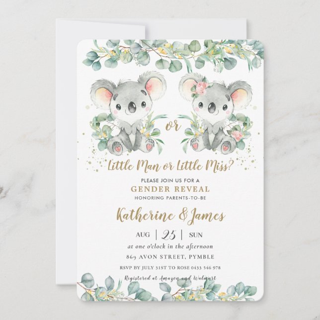 Cute Koala Greenery Gender Reveal Baby Shower  Invitation (Front)