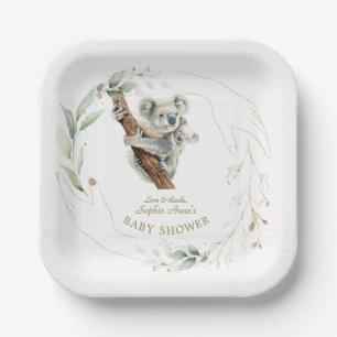 Cute Koala Greenery Gold Girl Baby Shower Paper Plates