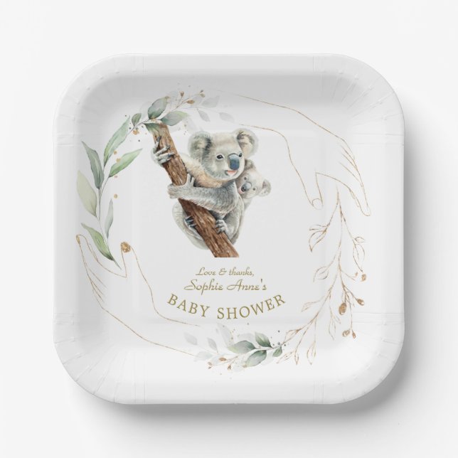Cute Koala Greenery Gold Girl Baby Shower  Paper Plates (Front)