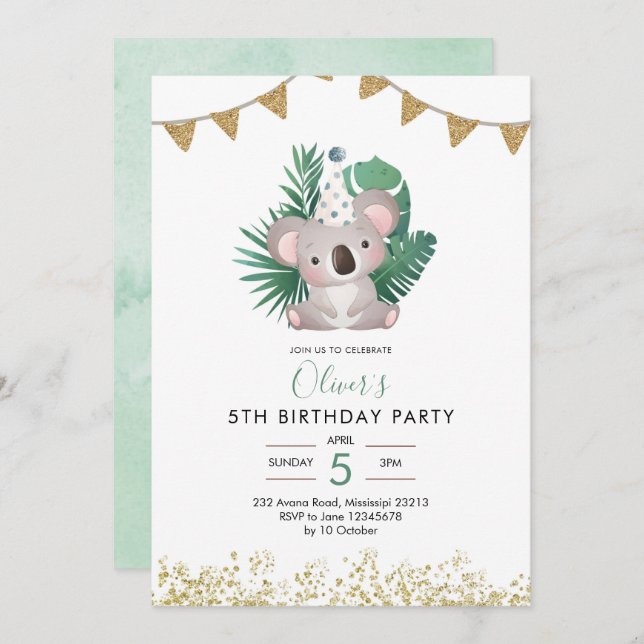 Cute Koala Greenery Kid's Birthday Invitation (Front/Back)