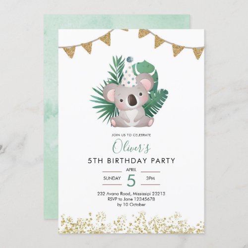 Cute Koala Greenery Kids Birthday Invitation