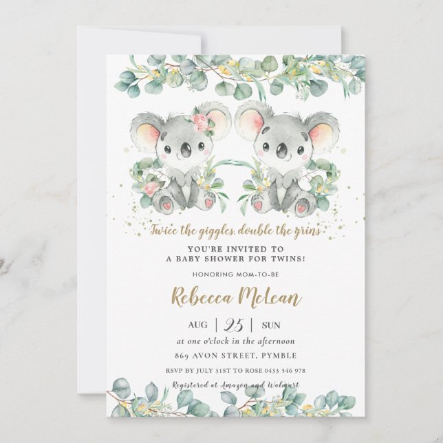 Cute Koala Greenery Twins Boy Girl Baby Shower  Invitation (Front)