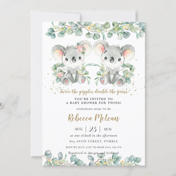 Cute Koala Greenery Twins Boy Girl Baby Shower Invitation