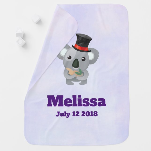 Cute Koala in a Black Top Hat Birthdate Baby Blanket (In Situ)