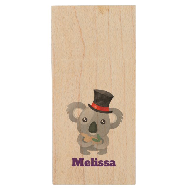 Cute Koala in a Black Top Hat Wood USB Flash Drive (Front Vertical)
