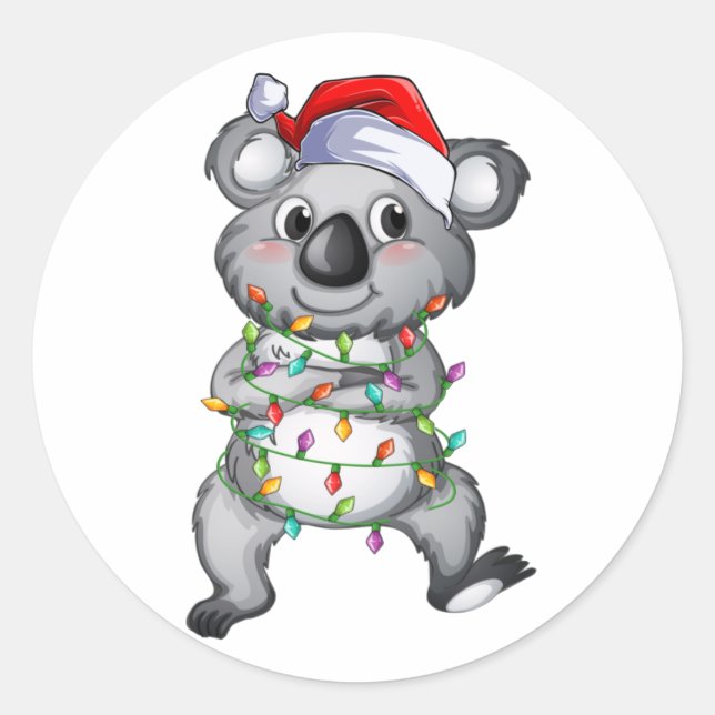 Cute koala in christmas lights classic round stick sticker (Front)