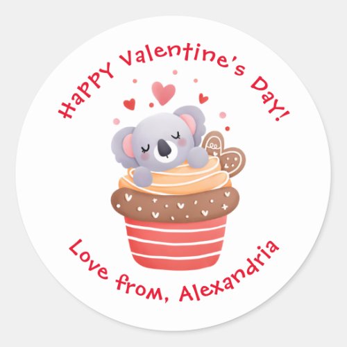 Cute Koala in Cupcake Custom Kids Valentines Day Classic Round Sticker