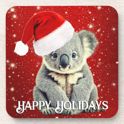 Cute Koala in Santa Hat Beverage Coaster