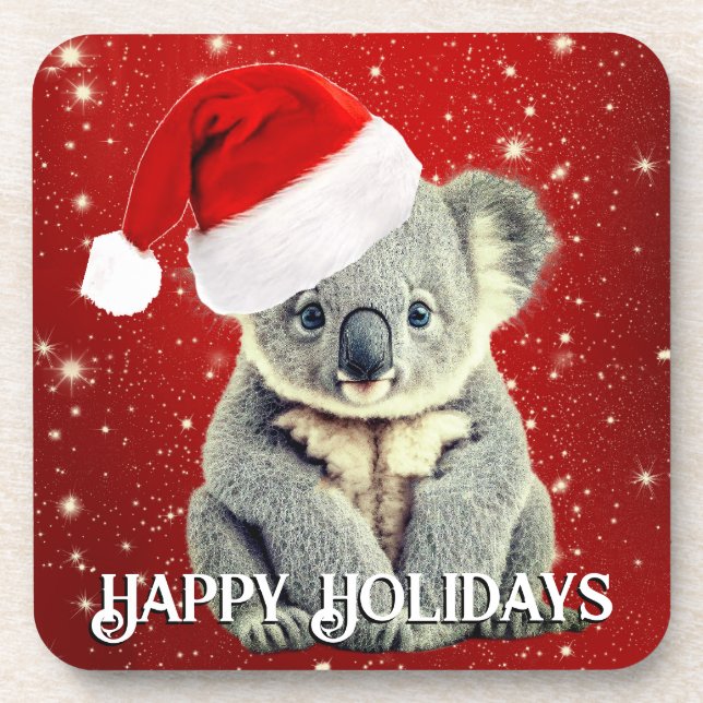 Cute Koala in Santa Hat Beverage Coaster (Front)