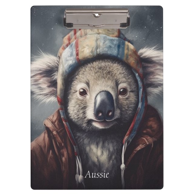 Cute Koala in Winter Hat Custom Name Clipboard (Front)