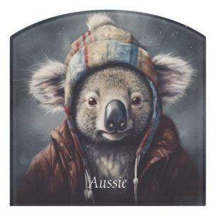 Cute Koala in Winter Hat Custom Name Door Sign