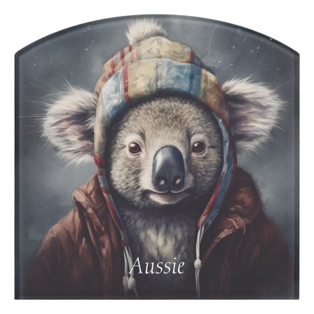 Cute Koala in Winter Hat Custom Name Door Sign (Contour Front)