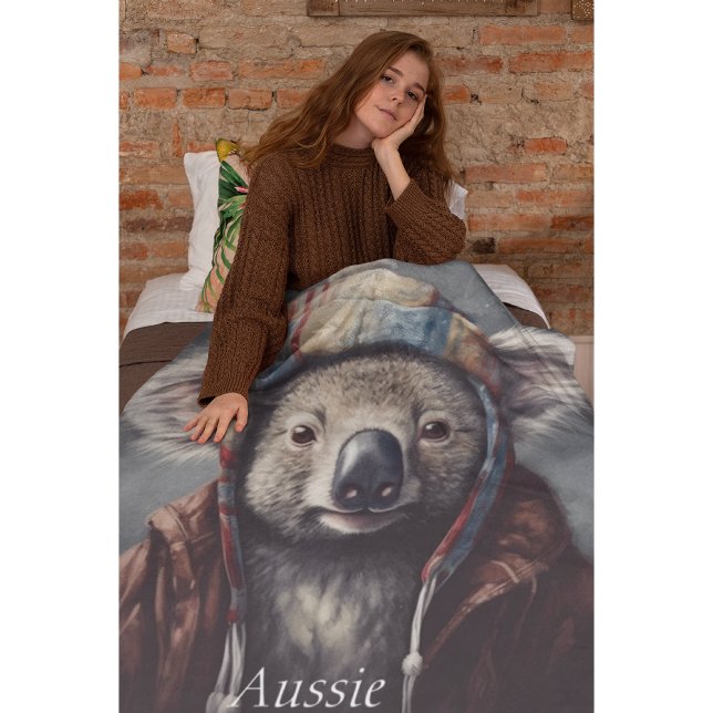 Cute Koala in Winter Hat Custom Name Fleece Blanket (Creator Uploaded)