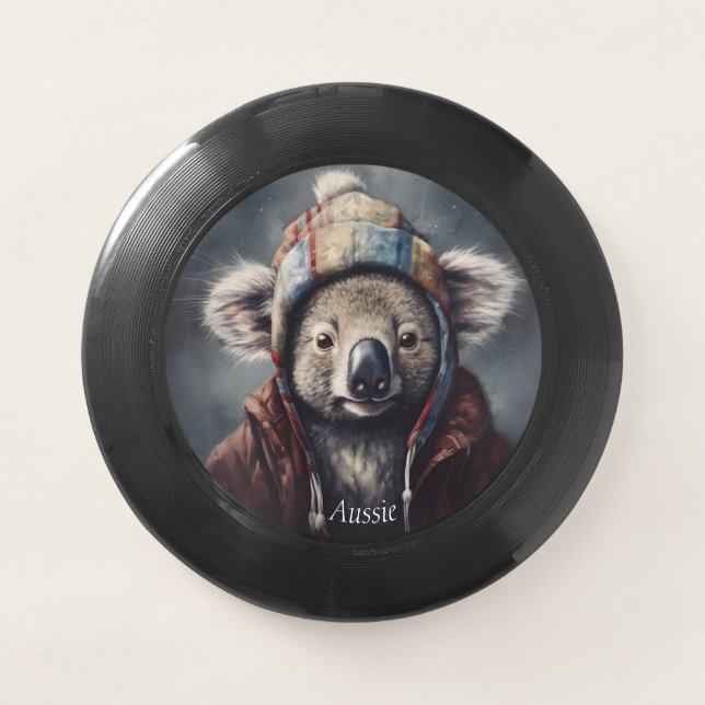 Cute Koala in Winter Hat Custom Name Frisbee (Front)