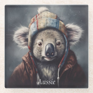 Cute Koala in Winter Hat Custom Name Glass Coaster