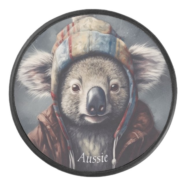 Cute Koala in Winter Hat Custom Name Hockey Puck (Front)