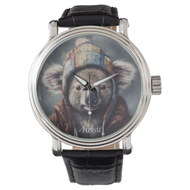 Cute Koala in Winter Hat Custom Name Men's  Watch (Front)
