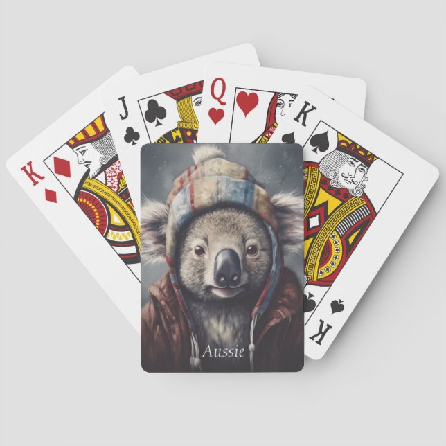 Cute Koala in Winter Hat Custom Name Playing Cards (Back)