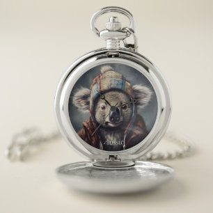 Cute Koala in Winter Hat Custom Name Pocket Watch