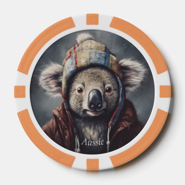 Cute Koala in Winter Hat Custom Name Poker Chips (Front)