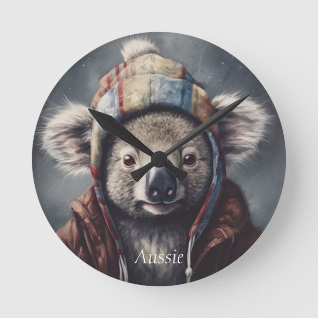 Cute Koala in Winter Hat Custom Name Round Round Clock (Front)