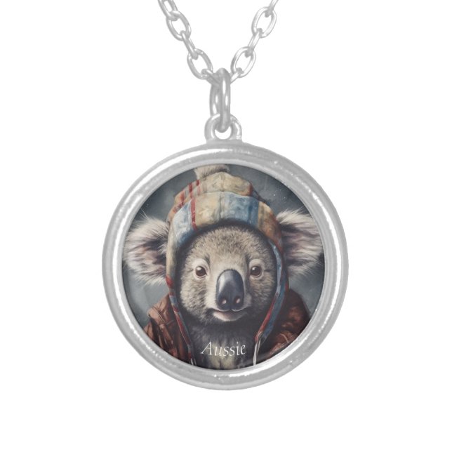 Cute Koala in Winter Hat Custom Name Silver Plated Necklace (Front)