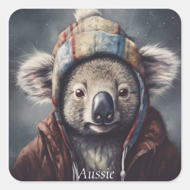 Cute Koala in Winter Hat Custom Name  Square Sticker (Front)