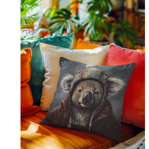 Cute Koala in Winter Hat Custom Name Throw Pillow