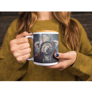 Cute Koala in Winter Hat Custom Name Two-Tone Coffee Mug