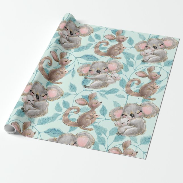 Cute Koala, Kangaroo Baby Green Wrapping Paper (Unrolled)