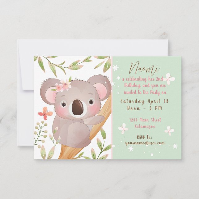 Cute Koala Kid's birthday party custom Invitation (Front)