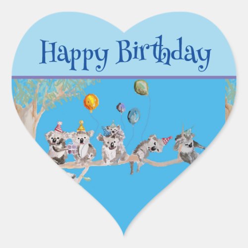 Cute Koala Koalas Blue Childs Happy Birthday Heart Sticker