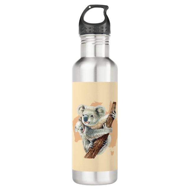 Cute Koala Mom and Baby Stainless Steel Water Bottle (Front)