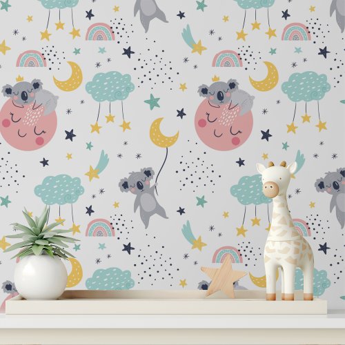 Cute Koala Moon Stars Rainbow Kids Pattern Wallpaper