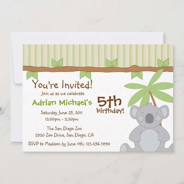 Cute Koala Party Invite (Front)