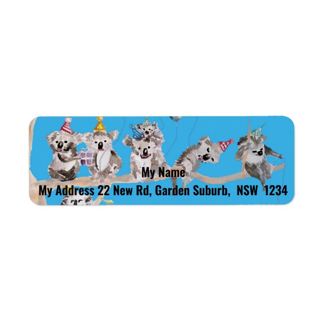 Cute Koala Party Watercolour Return Address Labels (Front)