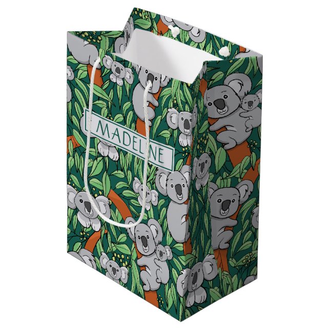 Cute Koala Pattern Personalized Hunter Green Medium Gift Bag (Front Angled)