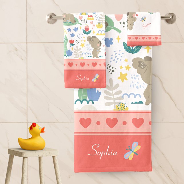 Cute Koala Pattern with Girl Name Pink Bathroom Bath Towel Set (Creator Uploaded)