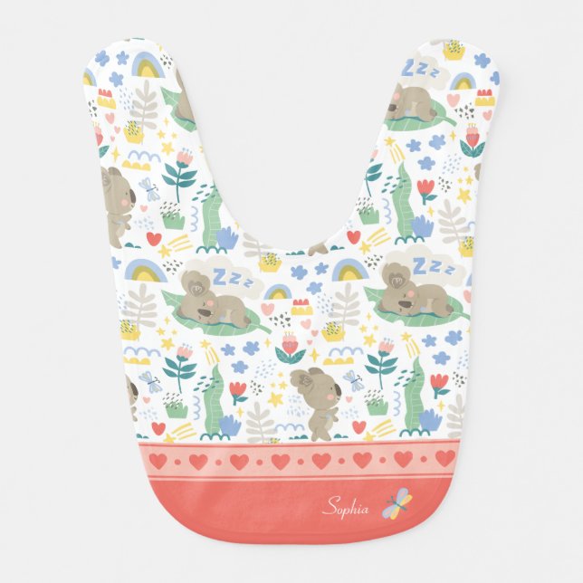 Cute Koala Pattern with Little Girl Name on Pink Baby Bib (Front)