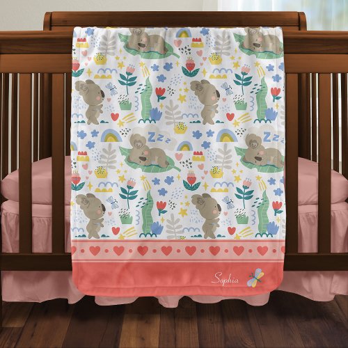Cute Koala Pattern with Little Girl Name on Pink Baby Blanket