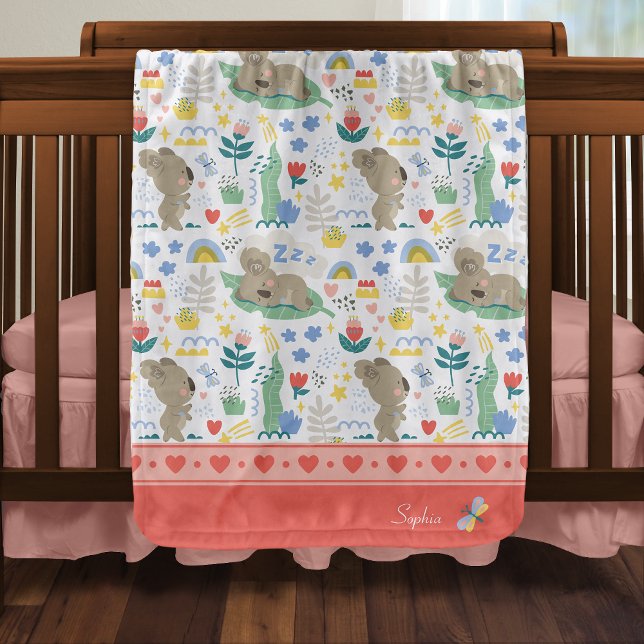 Cute Koala Pattern with Little Girl Name on Pink Baby Blanket (Creator Uploaded)