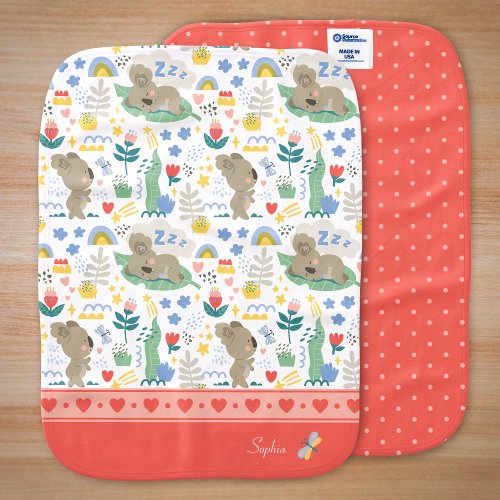 Cute Koala Pattern with Little Girl Name on Pink Baby Burp Cloth