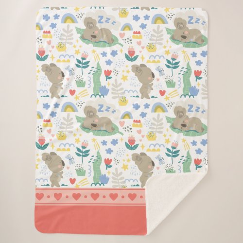 Cute Koala Pattern with Little Girl Name on Pink Sherpa Blanket