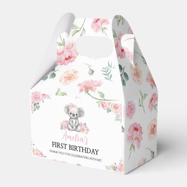 Cute Koala Pink Floral Girl Birthday Favor Boxes (Front Side)