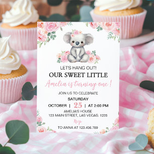 Cute Koala Pink Floral Girl Birthday Invitation