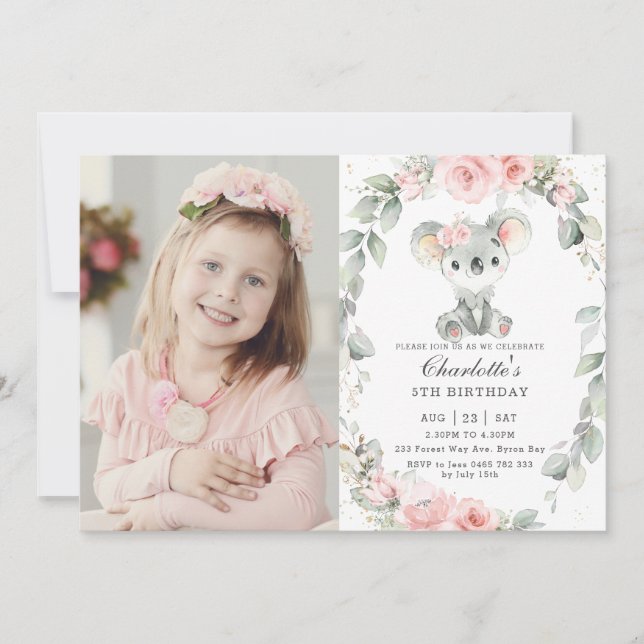 Cute Koala Pink Floral Greenery Birthday Photo Invitation (Front)