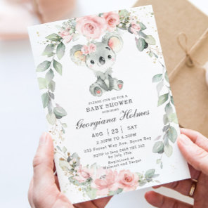 Cute Koala Pink Floral Sage Greenery Baby Shower Invitation