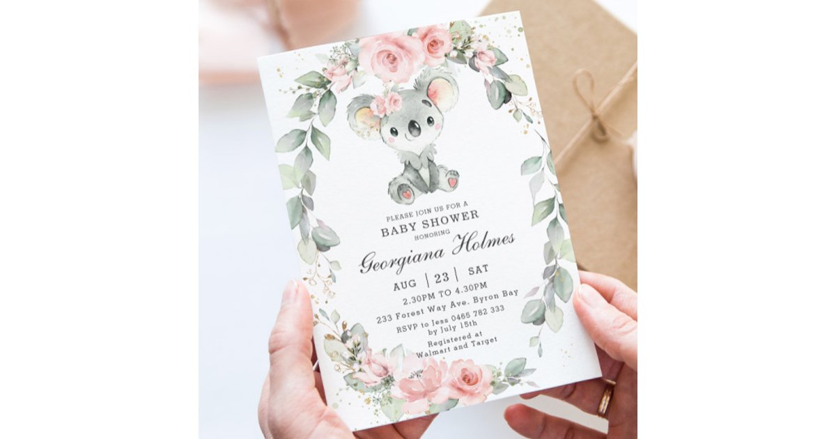 Cute Koala Pink Floral Sage Greenery Baby Shower Invitation | Zazzle